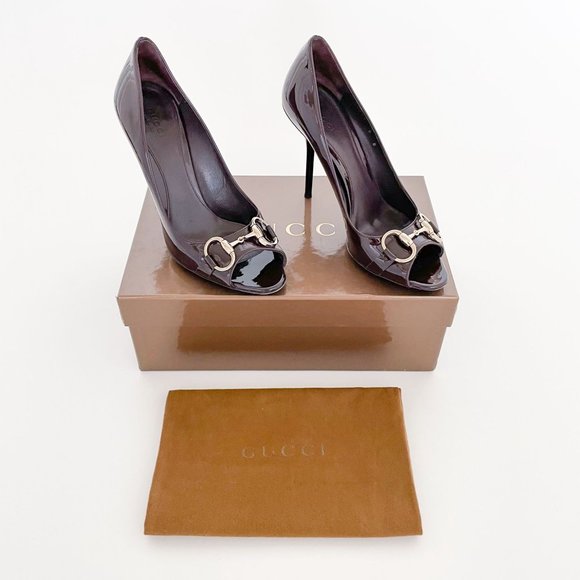 Gucci Shoes Gucci Horsebit Pumps Burgundy Patent Size 8 Leather Brown Peep Toe High Heels